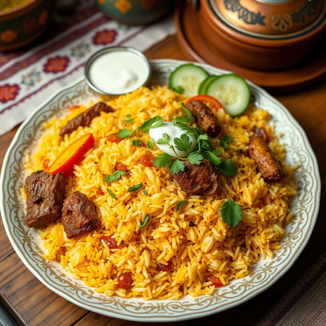 A beautifully arranged plate of Basmati rice with traditional Kachchi Biryani, featuring fragrant, fluffy long-grain rice, tender marinated lamb pieces with vibrant saffron and spices, garnished with caramelized onions, fresh coriander, and mint leaves