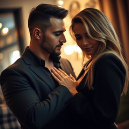 A sensual scene where a confident man gently presses his hand against a woman's chest, both sharing an intimate moment