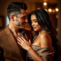 A sensual scene where a confident man gently presses his hand against a woman's chest, both sharing an intimate moment