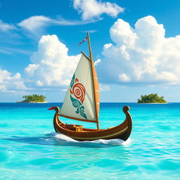A beautiful ocean scene inspired by Disney's Moana, featuring a traditional Polynesian sailing canoe set against a vivid, cartoonish 3D style