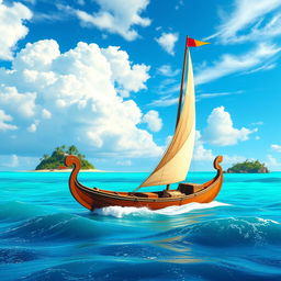 A beautiful ocean scene inspired by Disney's Moana, featuring a traditional Polynesian sailing canoe set against a vivid, cartoonish 3D style