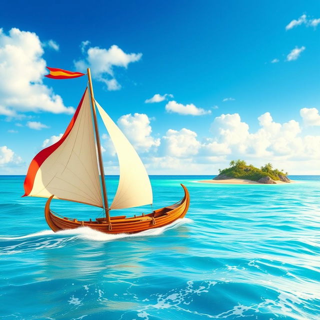 A beautiful ocean scene inspired by Disney's Moana, featuring a traditional Polynesian sailing canoe set against a vivid, cartoonish 3D style