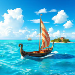 A beautiful ocean scene inspired by Disney's Moana, featuring a traditional Polynesian sailing canoe set against a vivid, cartoonish 3D style