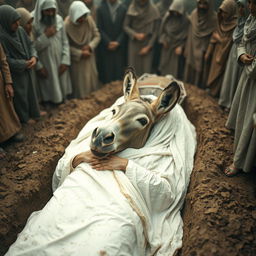 A surreal and thought-provoking scene depicting a Muslim woman lying gracefully in a white shroud, situated within a mud grave