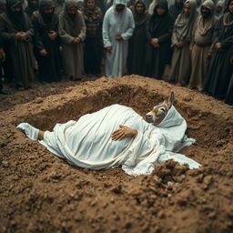 A surreal and thought-provoking scene depicting a Muslim woman lying gracefully in a white shroud, situated within a mud grave