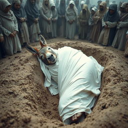 A surreal and thought-provoking scene depicting a Muslim woman lying gracefully in a white shroud, situated within a mud grave