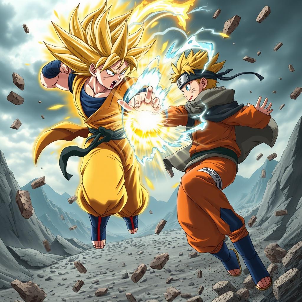 An epic battle scene featuring Goku from Dragon Ball and Naruto from Naruto, both in their iconic outfits