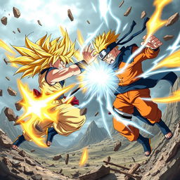 An epic battle scene featuring Goku from Dragon Ball and Naruto from Naruto, both in their iconic outfits