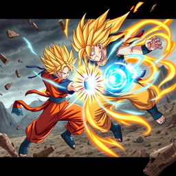 An epic battle scene featuring Goku from Dragon Ball and Naruto from Naruto, both in their iconic outfits