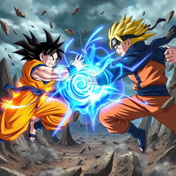 An epic battle scene featuring Goku from Dragon Ball and Naruto from Naruto, both in their iconic outfits