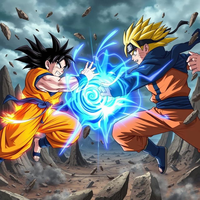 An epic battle scene featuring Goku from Dragon Ball and Naruto from Naruto, both in their iconic outfits