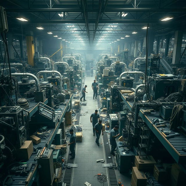 A chaotic industrial workspace filled with overlapping machinery, disorganized assembly lines cluttered with scattered tools, and tangled conveyor belts creating a sense of extreme confusion