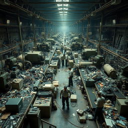 A chaotic industrial workspace filled with overlapping machinery, disorganized assembly lines cluttered with scattered tools, and tangled conveyor belts creating a sense of extreme confusion