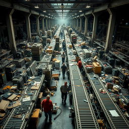 A chaotic industrial workspace filled with overlapping machinery, disorganized assembly lines cluttered with scattered tools, and tangled conveyor belts creating a sense of extreme confusion