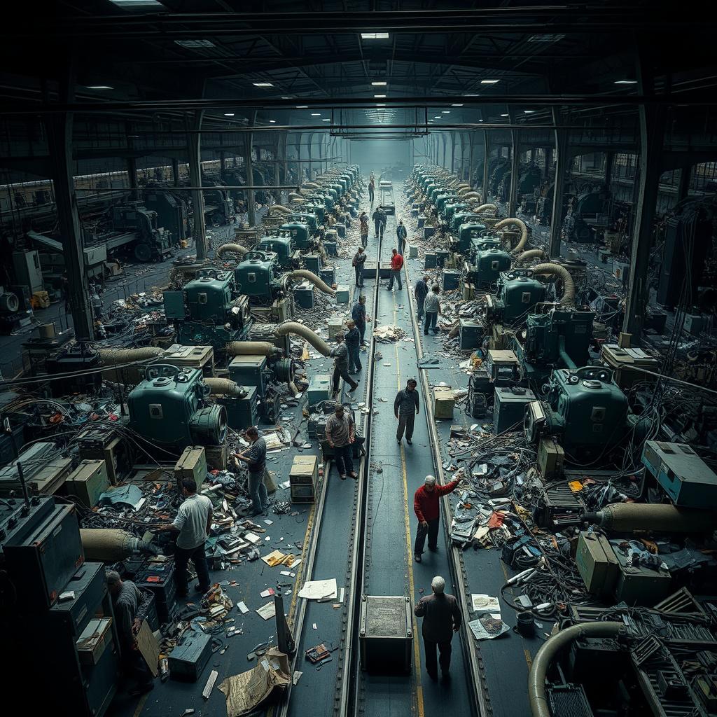 A chaotic industrial workspace filled with overlapping machinery, disorganized assembly lines cluttered with scattered tools, and tangled conveyor belts creating a sense of extreme confusion