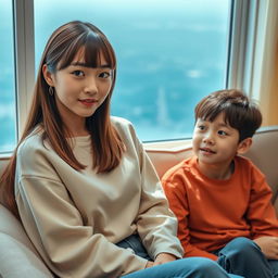 A beautiful woman with a Korean face, around 20 years old, wearing stylish clothing