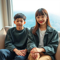 A beautiful woman with a Korean face, around 20 years old, wearing stylish clothing