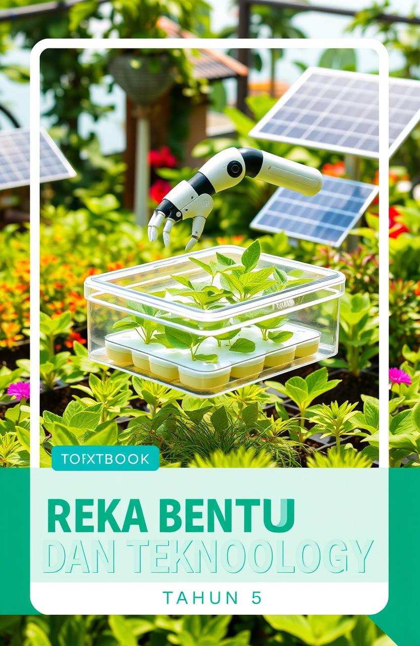 A vibrant, futuristic garden serving as the background for a textbook cover titled 'Reka Bentuk dan Teknologi Tahun 5'