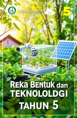 A vibrant, futuristic garden serving as the background for a textbook cover titled 'Reka Bentuk dan Teknologi Tahun 5'