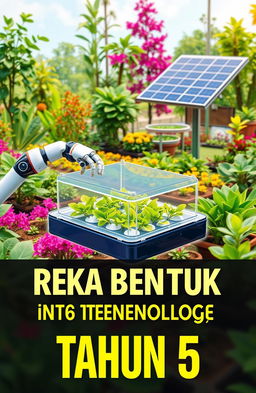 A vibrant, futuristic garden serving as the background for a textbook cover titled 'Reka Bentuk dan Teknologi Tahun 5'
