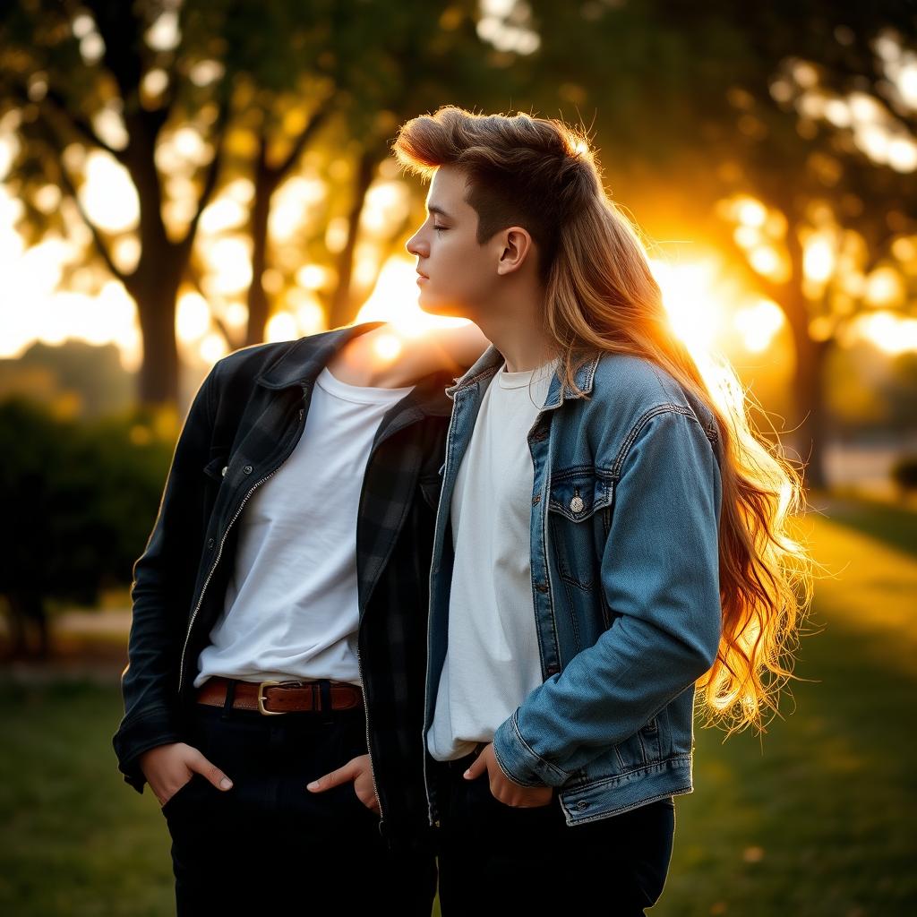 A romantic moment between a young couple where the boy leans in to kiss the girl's shoulder, creating an intimate and tender atmosphere