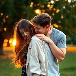 A romantic moment between a young couple where the boy leans in to kiss the girl's shoulder, creating an intimate and tender atmosphere