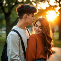 A romantic moment between a young couple where the boy leans in to kiss the girl's shoulder, creating an intimate and tender atmosphere