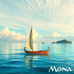A serene ocean scene inspired by Disney's Moana, featuring a traditional Polynesian sailing canoe on calm turquoise waters