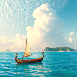 A serene ocean scene inspired by Disney's Moana, featuring a traditional Polynesian sailing canoe on calm turquoise waters