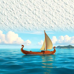 A serene ocean scene inspired by Disney's Moana, featuring a traditional Polynesian sailing canoe on calm turquoise waters