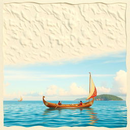 A serene ocean scene inspired by Disney's Moana, featuring a traditional Polynesian sailing canoe on calm turquoise waters
