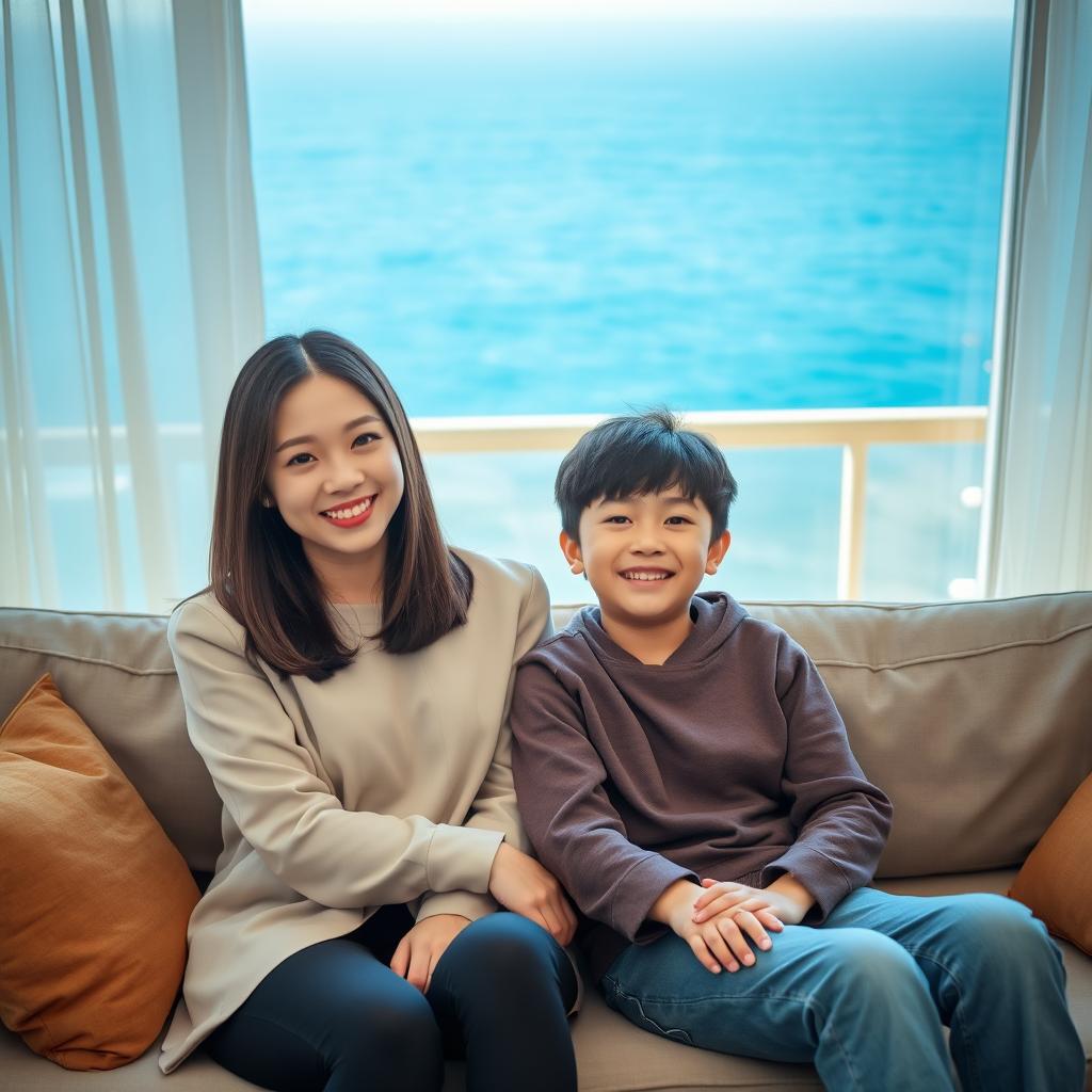 A beautiful 20-year-old woman with a distinct Korean face, wearing stylish clothing, sitting on a sofa with her 15-year-old younger brother