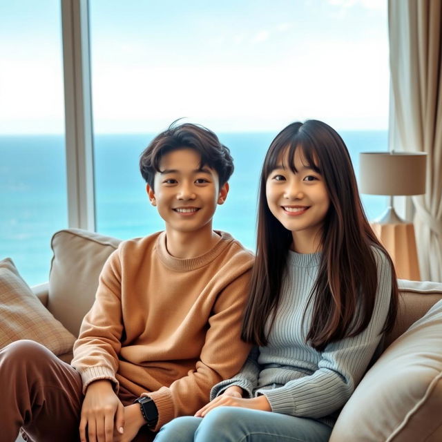 A beautiful 20-year-old woman with a distinct Korean face, wearing stylish clothing, sitting on a sofa with her 15-year-old younger brother