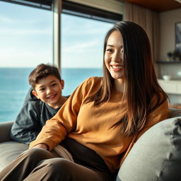 A beautiful 20-year-old woman with a distinct Korean face, wearing stylish clothing, sitting on a sofa with her 15-year-old younger brother