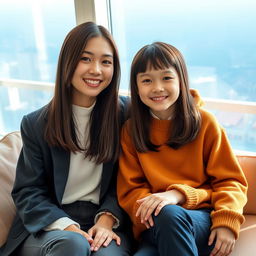 A beautiful 20-year-old woman with a distinct Korean face, wearing stylish clothing, sitting on a sofa with her 15-year-old younger brother