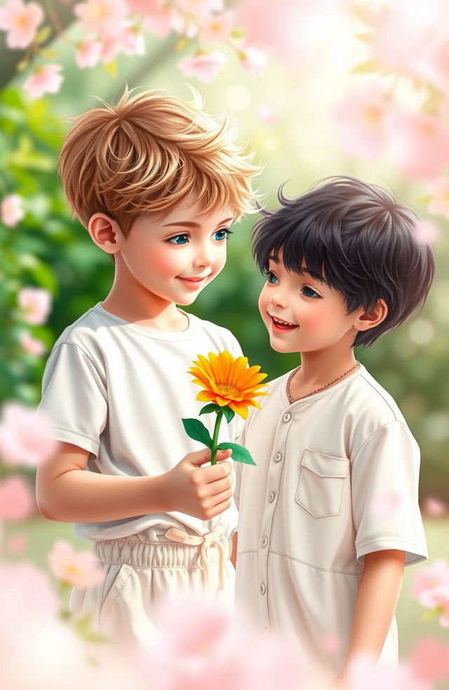 Two beautiful boys in a dreamy aesthetic background, one boy with light brown hair and bright blue eyes is gently handing a colorful flower to the other boy, who has dark hair and is smiling joyfully at the flower