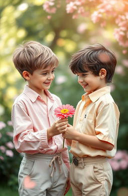Two beautiful boys in a dreamy aesthetic background, one boy with light brown hair and bright blue eyes is gently handing a colorful flower to the other boy, who has dark hair and is smiling joyfully at the flower