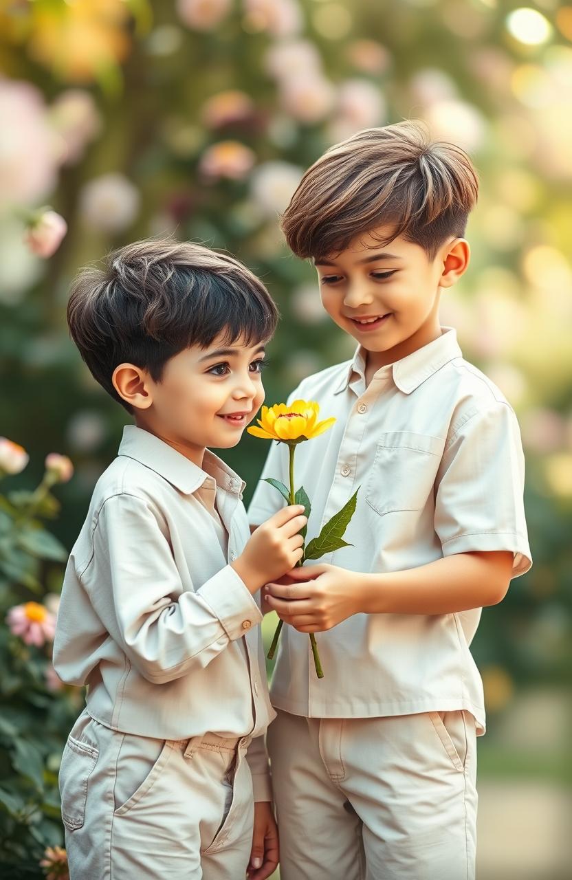 Two beautiful boys in a dreamy aesthetic background, one boy with light brown hair and bright blue eyes is gently handing a colorful flower to the other boy, who has dark hair and is smiling joyfully at the flower