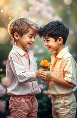 Two beautiful boys in a dreamy aesthetic background, one boy with light brown hair and bright blue eyes is gently handing a colorful flower to the other boy, who has dark hair and is smiling joyfully at the flower