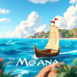 A vibrant and colorful animated scene inspired by the movie Moana, featuring a beautiful ocean landscape