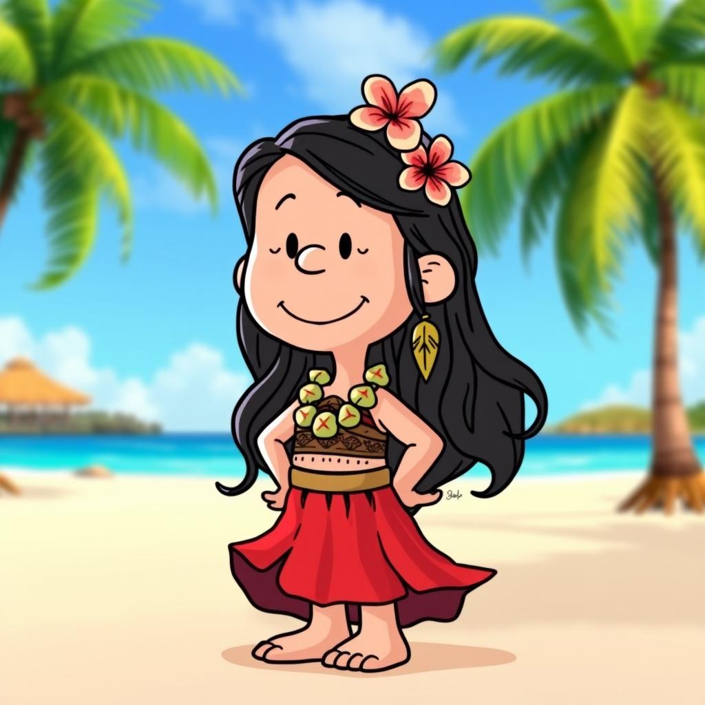 A fun and whimsical cartoon character from Peanuts transformed into Moana