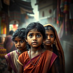 A powerful and evocative scene illustrating a serious social issue – young girls in India facing challenging circumstances, symbolizing the loss of childhood