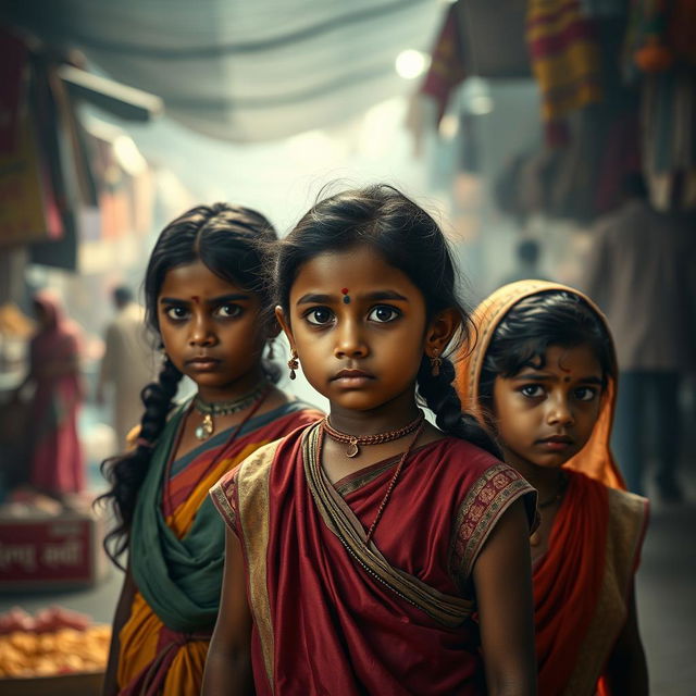 A powerful and evocative scene illustrating a serious social issue – young girls in India facing challenging circumstances, symbolizing the loss of childhood