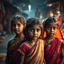 A powerful and evocative scene illustrating a serious social issue – young girls in India facing challenging circumstances, symbolizing the loss of childhood