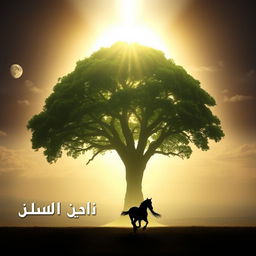 An awe-inspiring image featuring a gigantic, lush tree glowing with divine light, symbolizing its presence in Jannah (paradise)