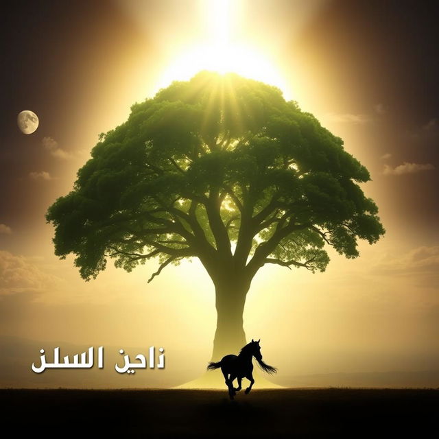 An awe-inspiring image featuring a gigantic, lush tree glowing with divine light, symbolizing its presence in Jannah (paradise)