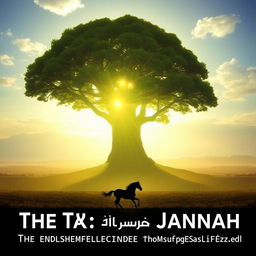An awe-inspiring image featuring a gigantic, lush tree glowing with divine light, symbolizing its presence in Jannah (paradise)
