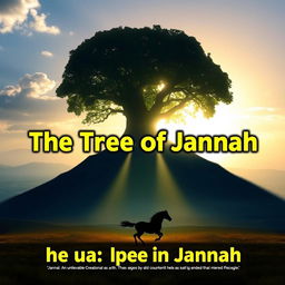 An awe-inspiring image featuring a gigantic, lush tree glowing with divine light, symbolizing its presence in Jannah (paradise)