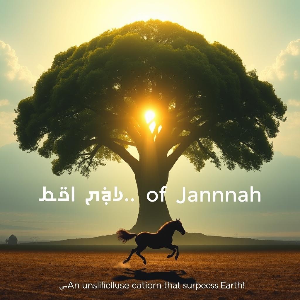 An awe-inspiring image featuring a gigantic, lush tree glowing with divine light, symbolizing its presence in Jannah (paradise)
