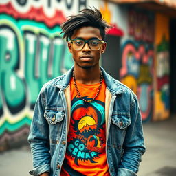 A 25-year-old dark-skinned man dressed in indie pop style, sporting a colorful graphic t-shirt, vintage denim jacket, and trendy small glasses